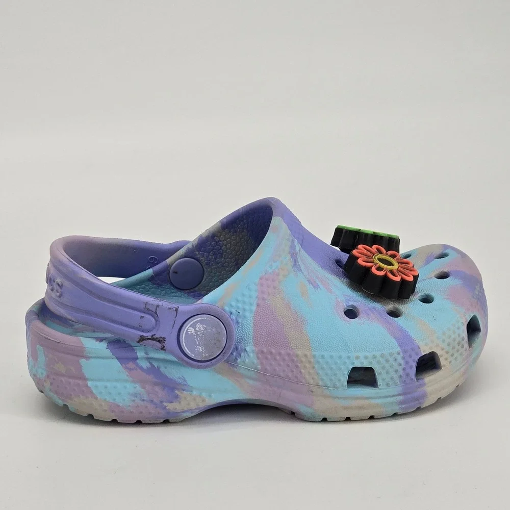 Crocs Kids Classic Marbled Clog Pastel Purple Blue C9 Light Up Flower Jibbitz